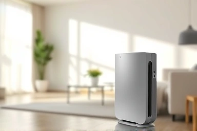 Modern living room with an air purifier, creating a healthy and serene atmosphere.